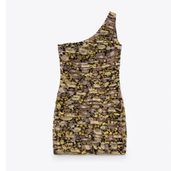 NWOT Zara Mini dress One shoulder Floral Draped Ruched Black Lavender Yellow M - Picture 4 of 16